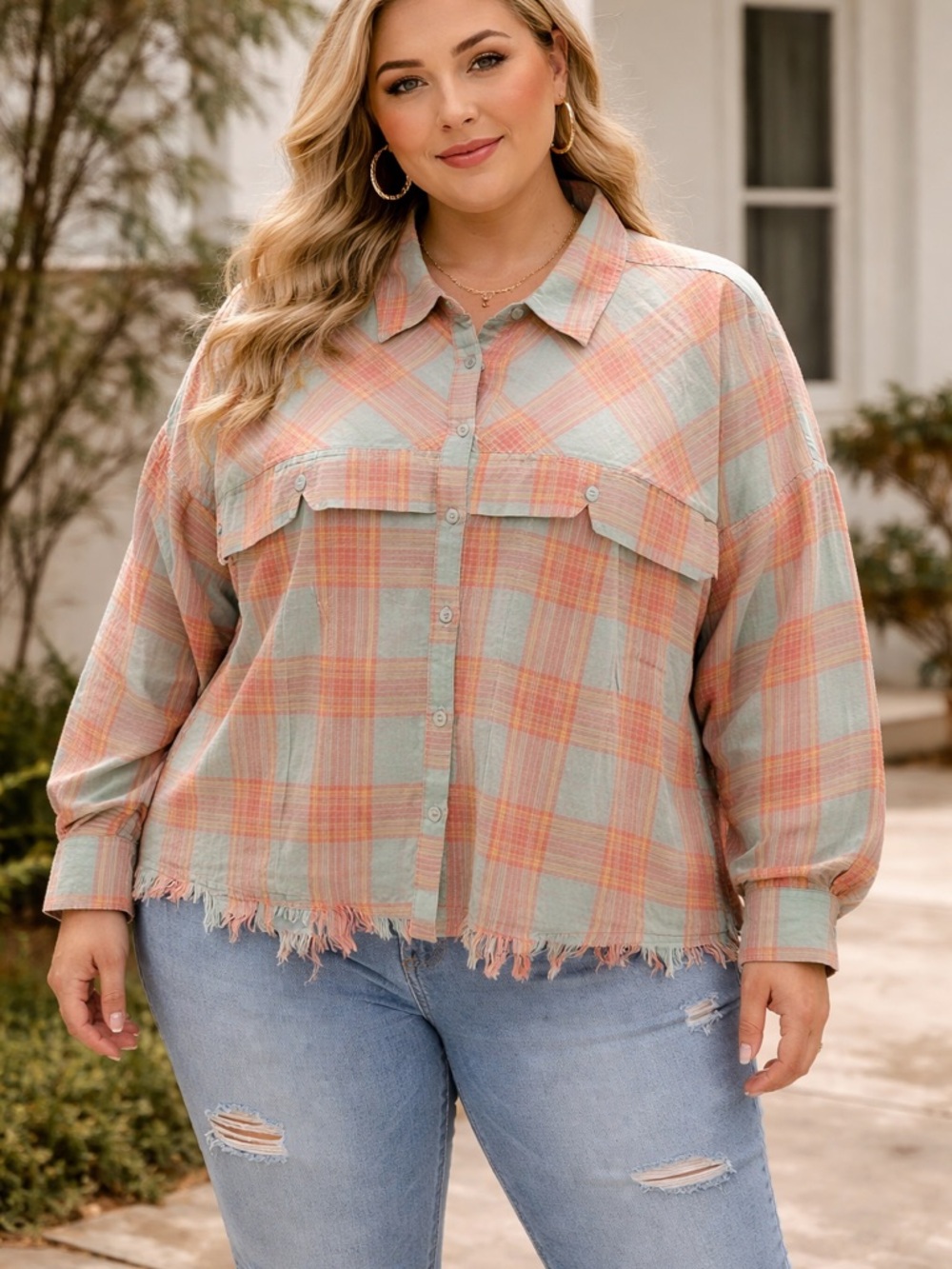 Plus Plaid Button-Front Shirt in Mint & Peach